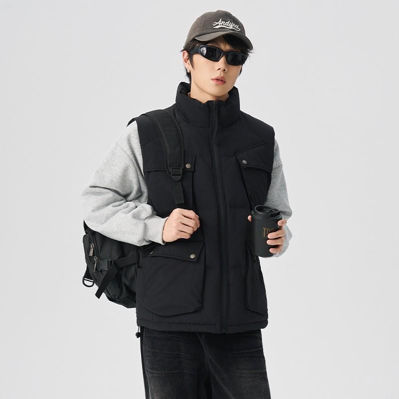 Unisex Japanese Style Workwear Puffer Vest With Multiple Pockets Stand Collar Winter Warm Thick Casual Sleeveless Jacket