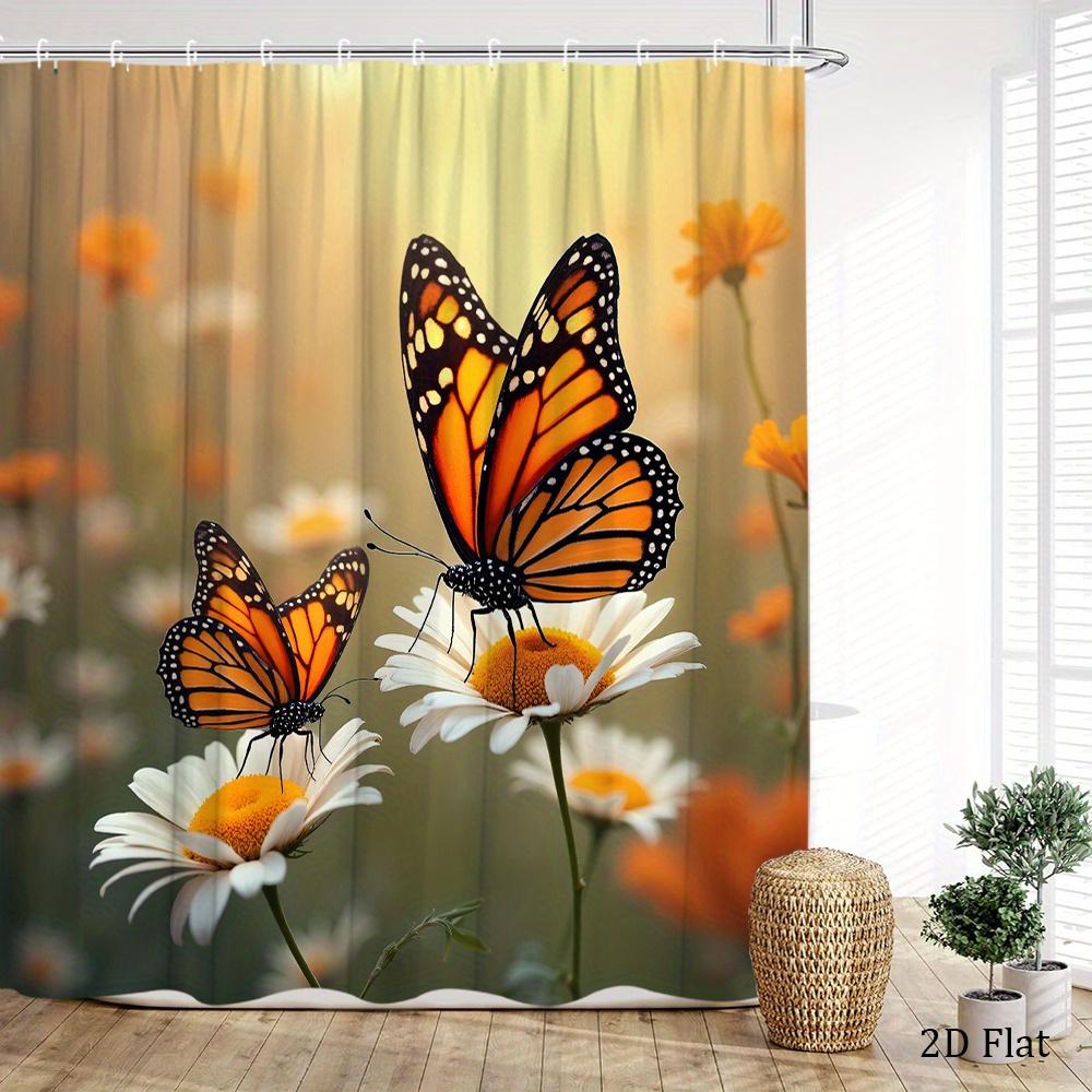 Butterfly Shower Curtain Monarch Butterflies On Daisy Flowers Nature Art Garden Decor Waterproof Fabric Bath Curtain Set Home