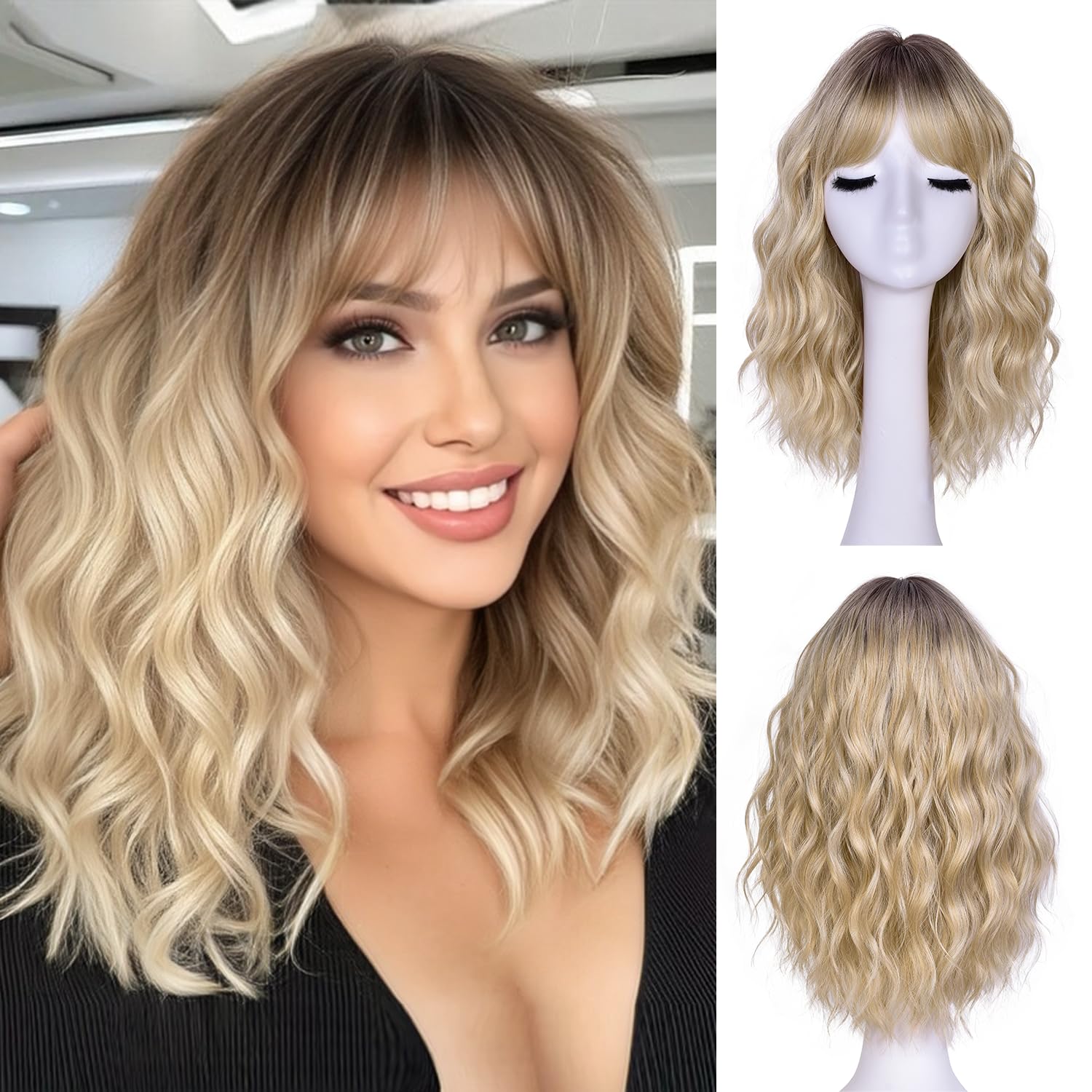 

Short Wavy Wig with Bangs for Women Curly Wigs Natural Wavy Synthetic Wigs for Daily Party Cosplay 14inch(Brown Highlight) 40cm