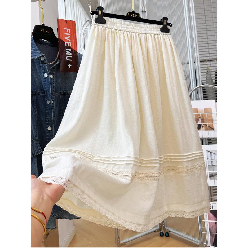 Women s Korean Style Lace Elastic Waist Knee-Length A-Line Skirt L бежевый