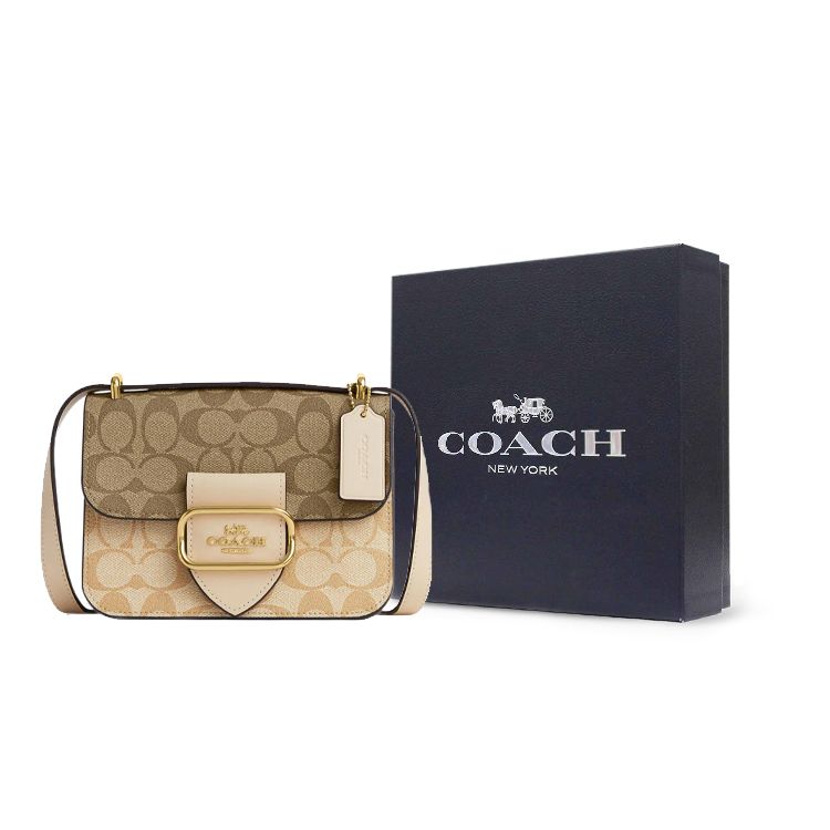 Coach Morgan 18 Gold Logo Classic Monogram Flap Canvas And Leather Square Crossbody Shoulder Bag Small Women bags Beige Brown CL429-IMOT4