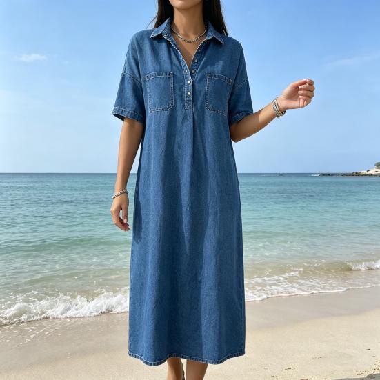 Robe chemise en jean pour femme Décontractée Manches courtes Boutonnée Jean Midi Robe Longue A-line Vintage avec Poches