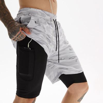 Men Double Layer Camouflage Athletic Shorts Drawstring Waist Quick Dry Gym Workout Running Sport Short Pants
