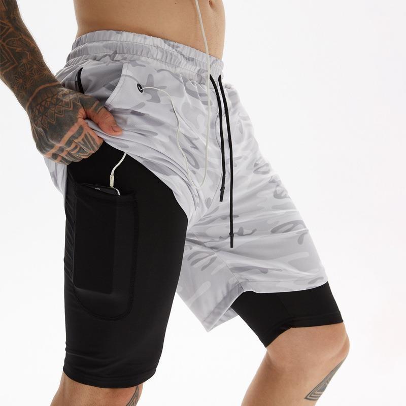 

Men Double Layer Camouflage Athletic Shorts Drawstring Waist Quick Dry Gym Workout Running Sport Short Pants M