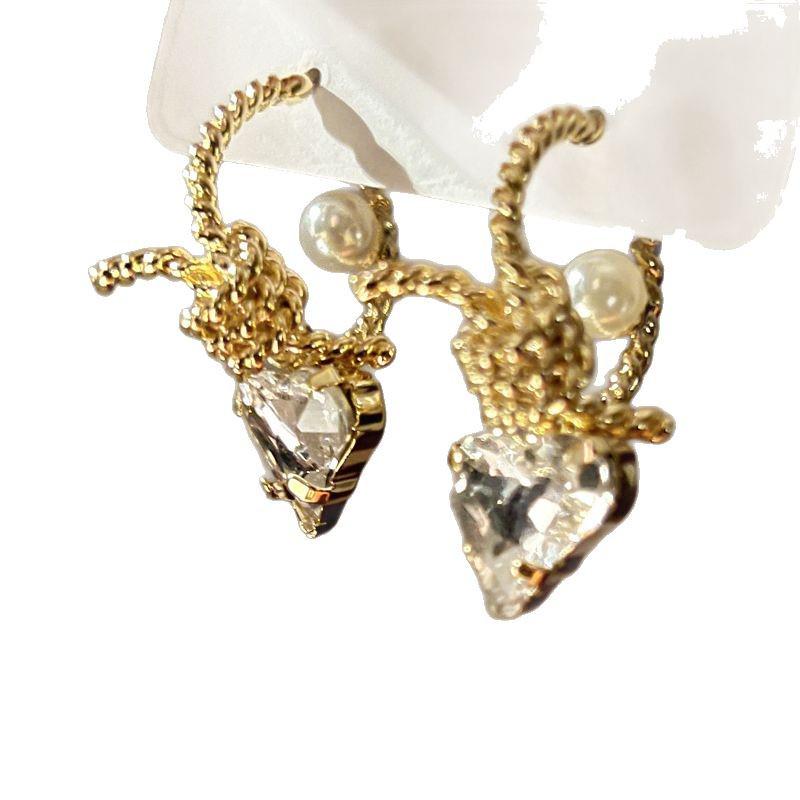 Vintage Silver Needle C-Shaped Diamond Pearl Stud Earrings - Elegant and Versatile Niche High-End Jewelry