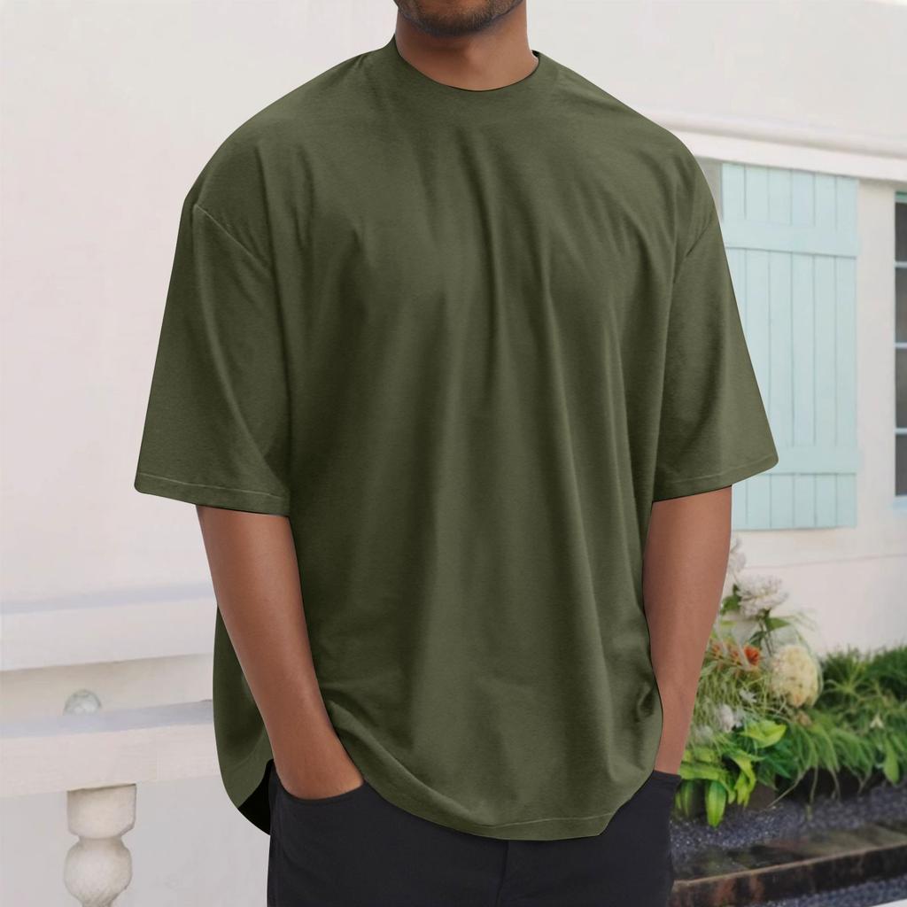 Summer Men's Fashion Loose Round Neck Solid Color All-match Short-sleeved T-shirt
