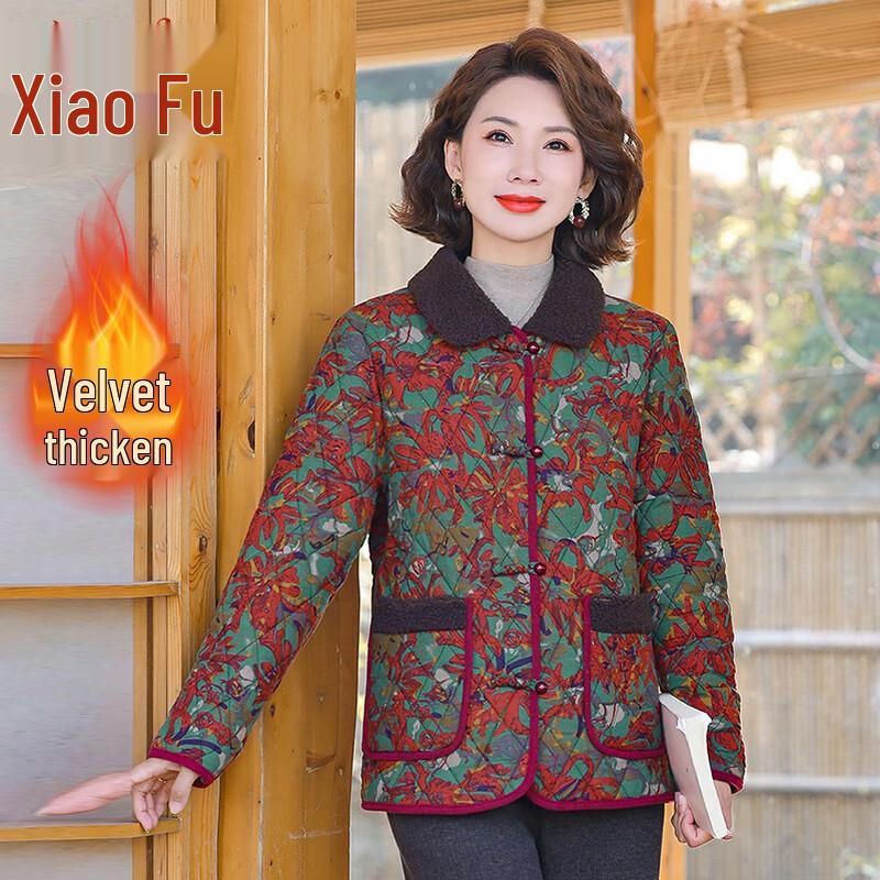Women's Floral Print Lamb Wool Collar Cotton Jacket