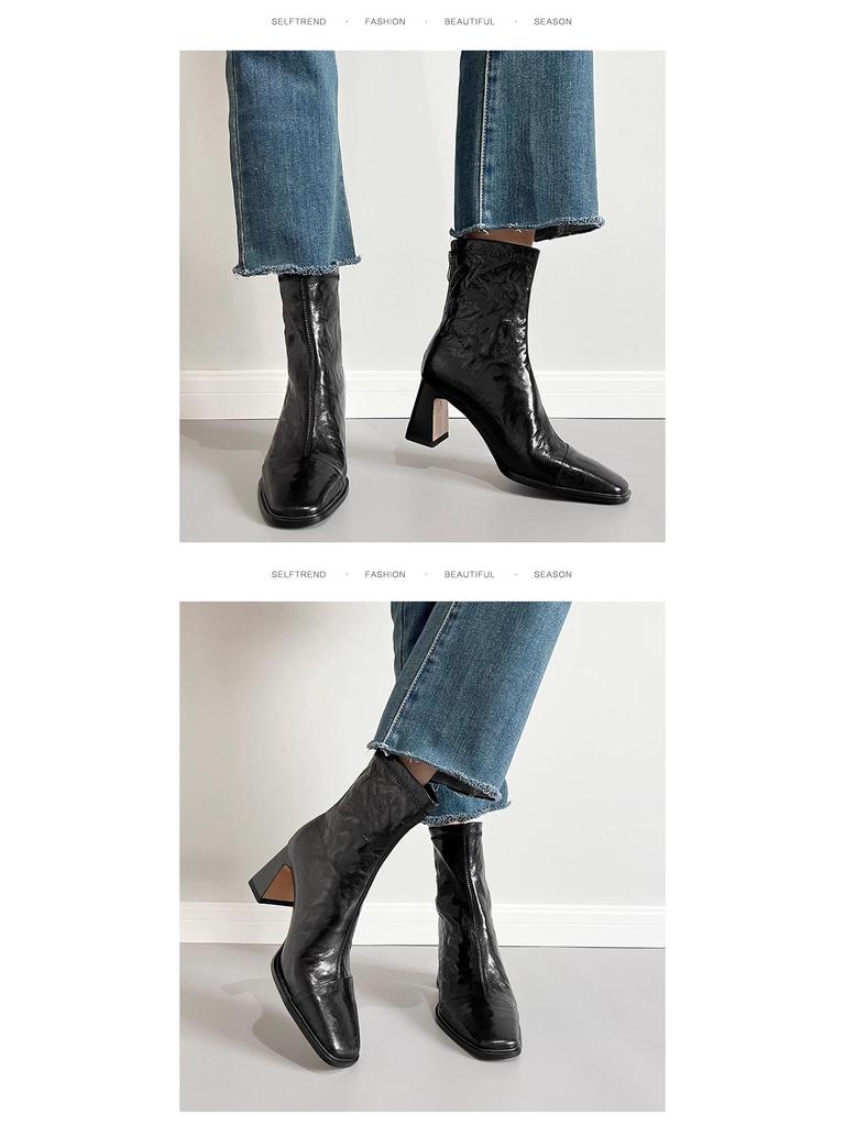 2025 Vinter Dam Franska Retro Ankelstövlar, Handnarvat Mjukt Läder, Liten Storlek, Grov Klack, Smickrande Stil