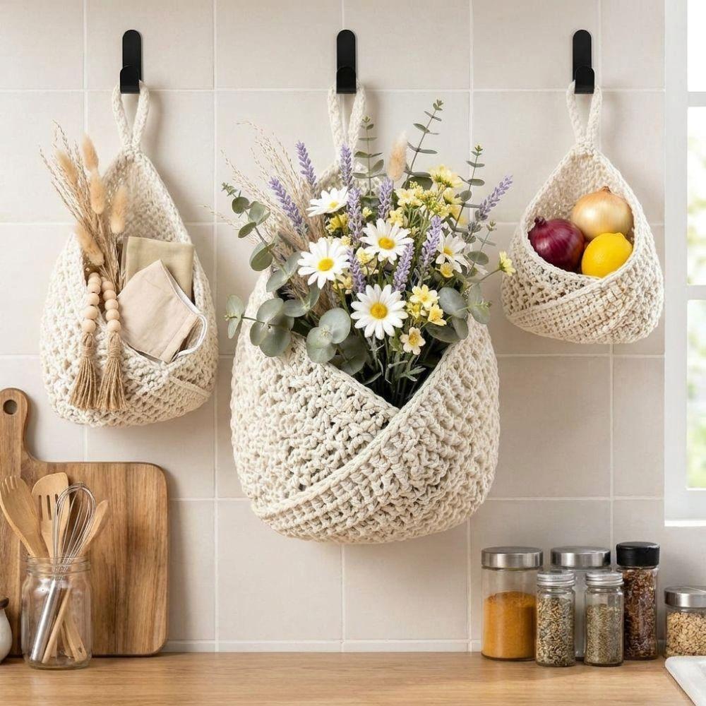 3PCS/SET Hand Woven Fruit Vegetables Basket Cotton Rope Wall Mounted Kitchen Storage Basket Breathable Mesh Pocket Fruit Net Bag