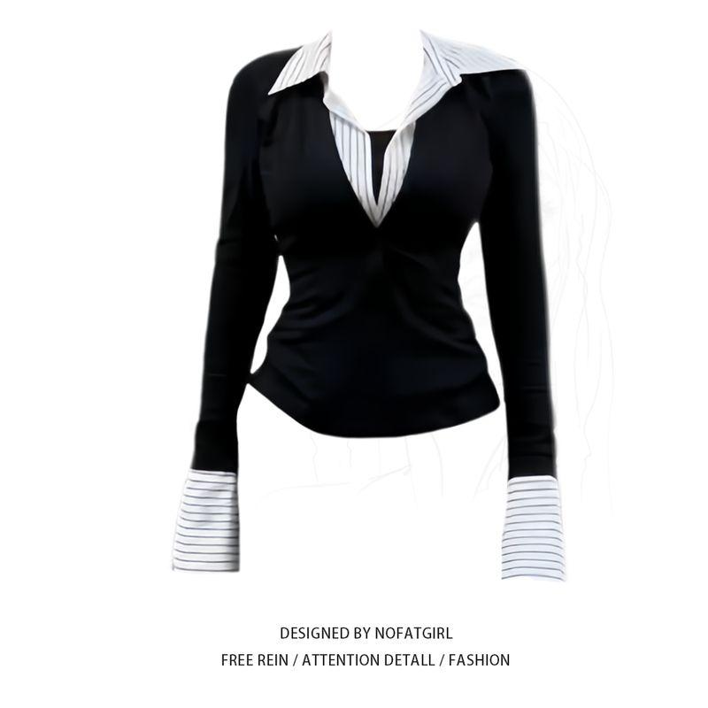 

Plus Size Chubby Girl Korean Style Fake Two-Piece Long Sleeves T-shirt Female Spring & Fall 2025 New Arrival Silm Slimming and Fashionable Chic Tops Fake Two-Piece Top M