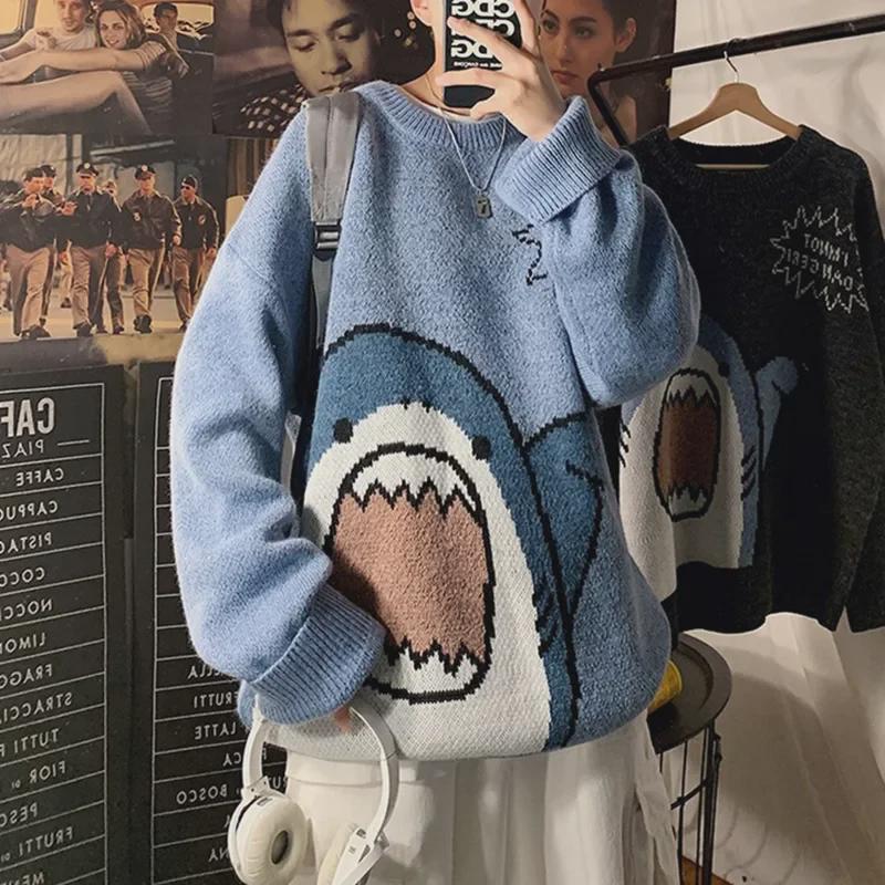 Cartoon Shark Round Neck Sweater - Men's Loose Fit, Hong Kong Style, Thick Korean Version