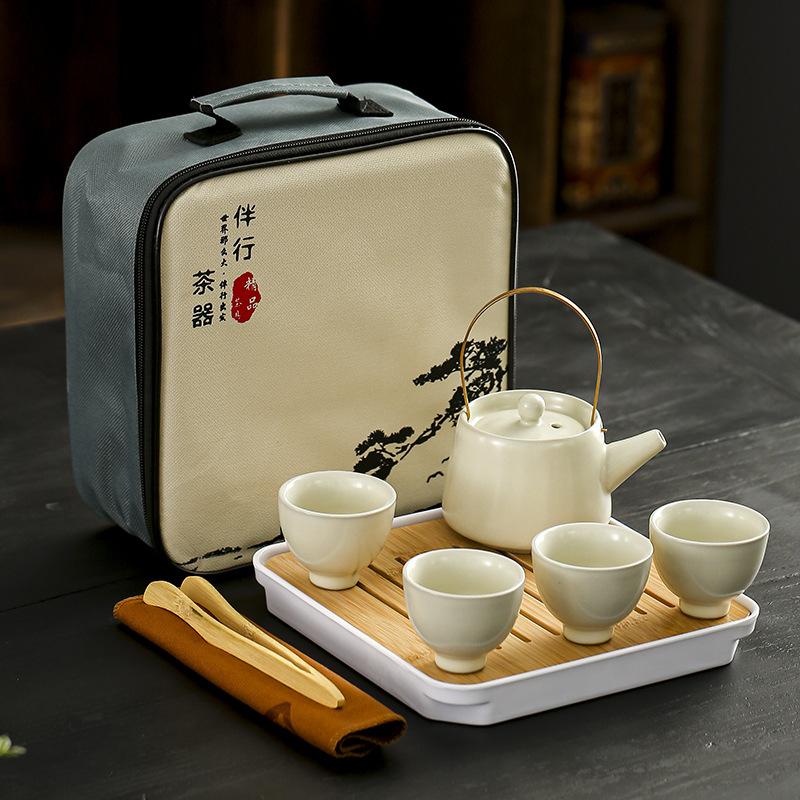 All the best travel tea set beige Ru kiln retro ceramics outdoor portable express cup kung fu business gifts