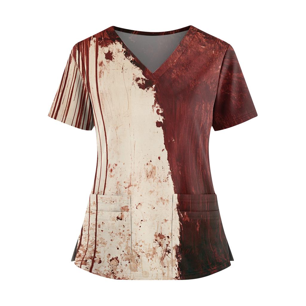 Halloween Print V Neck Short Sleeve Nurse Scrub Top with Double Pockets and Side Slit Hem for Healthcare Workers and Caregivers