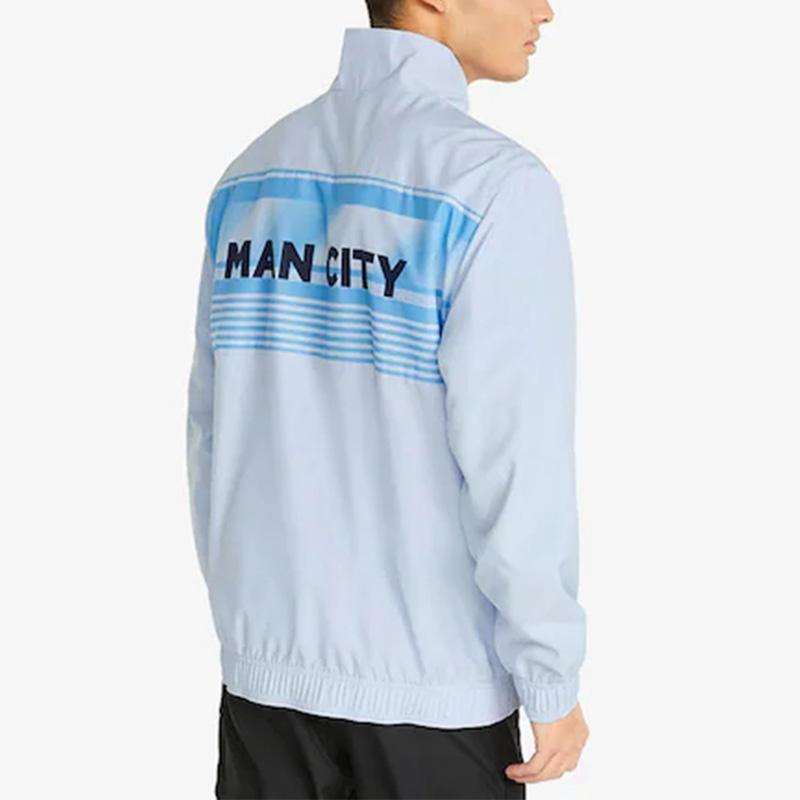 Puma Mcfc Předzápasová bunda Logo Geometrický potisk Stojáček Ležérní Zapínání na zip Tkaná bunda Pánská bunda Světle modrá 765180-01