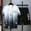 2Pcs/Set O-Neck Short Sleeve Elastic Waistband Casual Outfit Pockets Ice Silk Men Gradient Color Letter Print T-shirt Wide Leg Shorts Set Streetwear