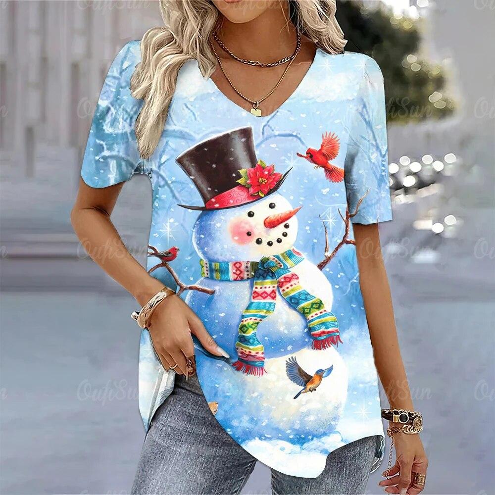 

Рождественская женская футболка с 3d рождественским принтом и короткими рукавами, футболка с v-образным вырезом для женщин, одежда больших размеров, модная блузка XS