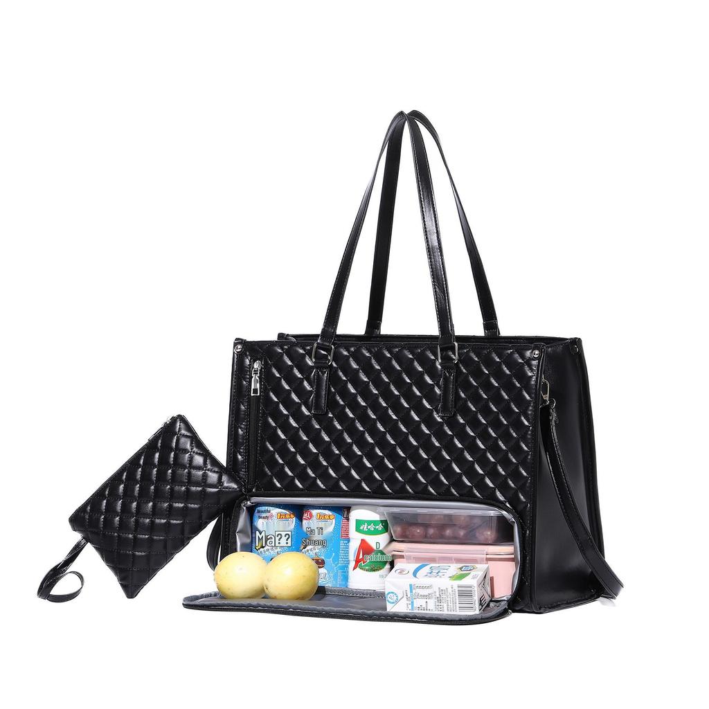 Insulated Black Diamond Lunch Bag with Handle & Shoulder Strap for Work or Picnic