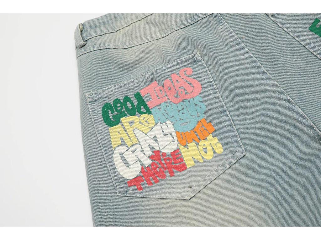 Unisexowe szorty dżinsowe w amerykańskim stylu z kolorowym napisem Dopamina: Wiosenno-letnie luźne spodnie cropped