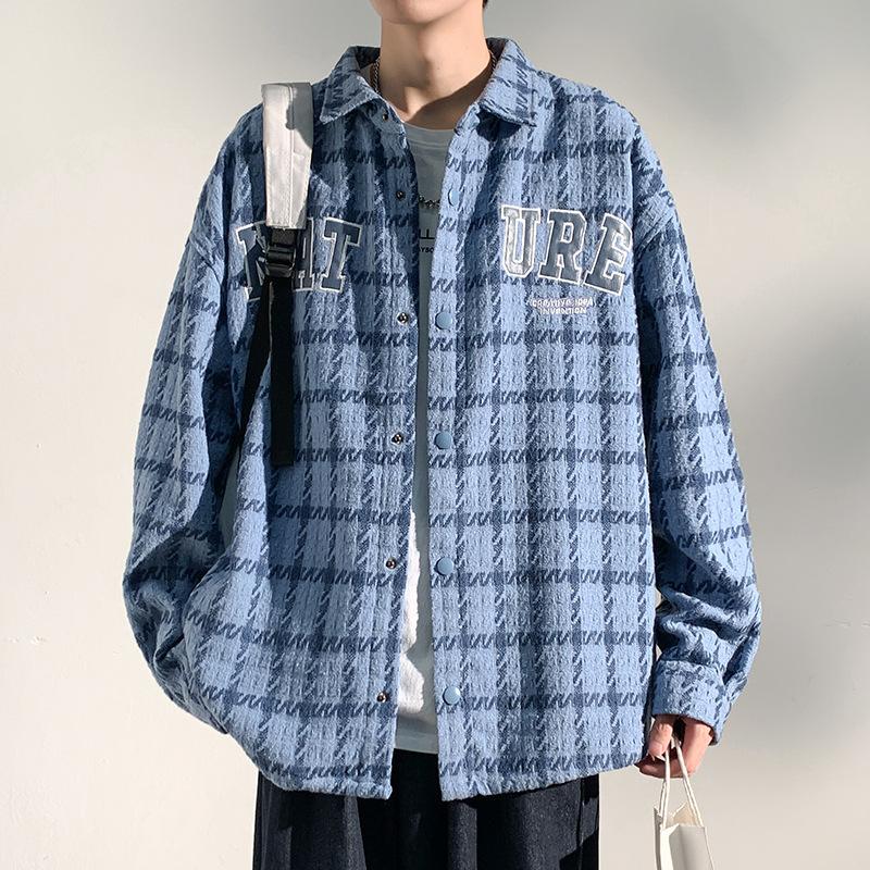 Men's Long-sleeved Shirt Autumn New Hong Kong Wind Jacket Casual Shirt Lapel Plaid Shirt Fashion Loose Coat
