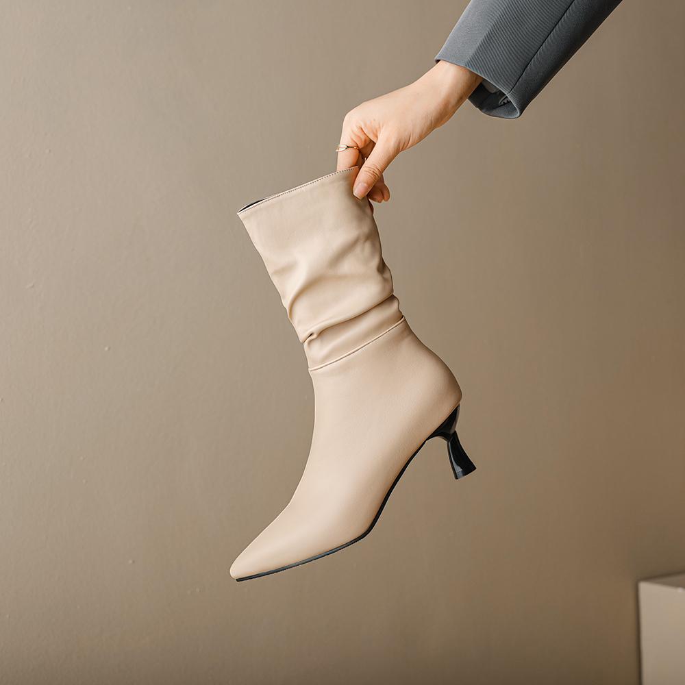 Apricot Brown Women Mid Calf Boots Mid Thin Heel Small Big Size 32 48