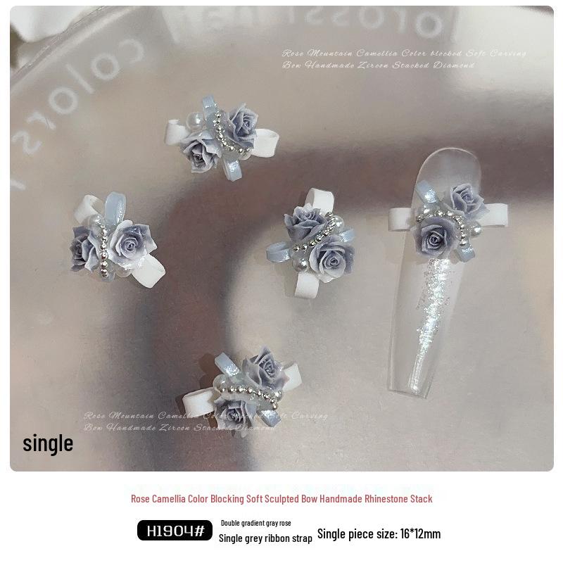 3D Pearl Rose & Camellia Nail Art Bow with Rhinestones