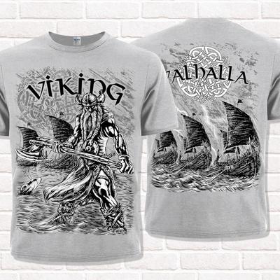 T-Shirt im Wikingerstil. Drakkar, Walhalla. Nordische Glaubensvorstellungen.