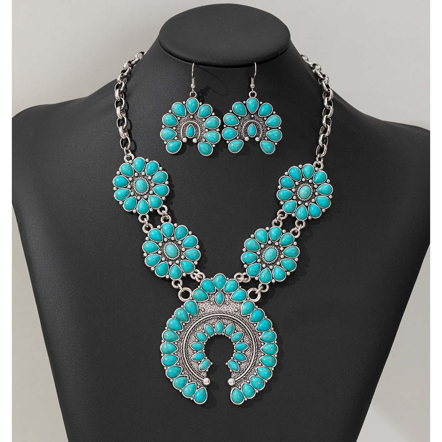

3 шт./Компл. Винтажное Богемное Биб-ожерелье в форме подковы с бирюзой и серьги-гвоздики для женщин, западные украшения