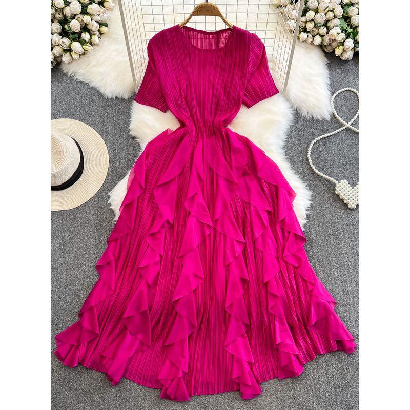 Sanzhai Ruched Fairy round Neck A- line Ruffled Long Dress