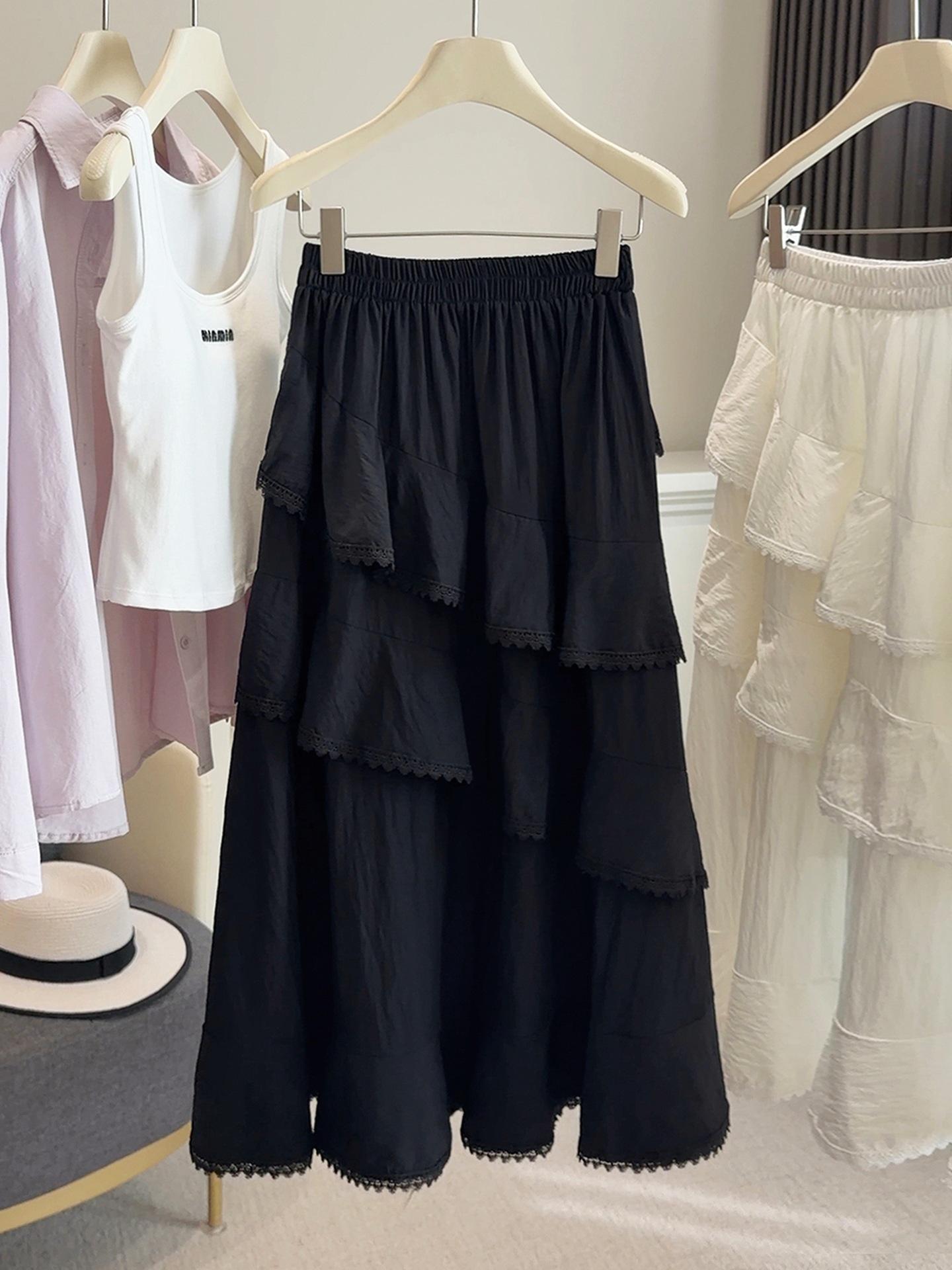 Women s Elegant French White Lace Ruffled A-line Skirt - High Waist, Versatile, Wide Hem, Spring One Size чёрный