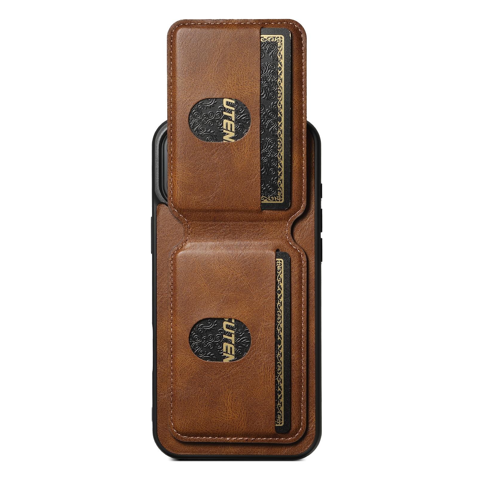 

SUTENI H02 For iPhone 16 Case Waxy Texture Leather+TPU Card Slots Kickstand Phone Cover Brown