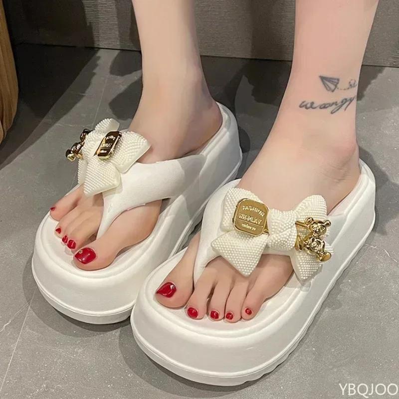 New EVA high-heeled flip flops Female Cute Bow Slippers Small outdoor clip on shoes Thick soled casual women's slippers