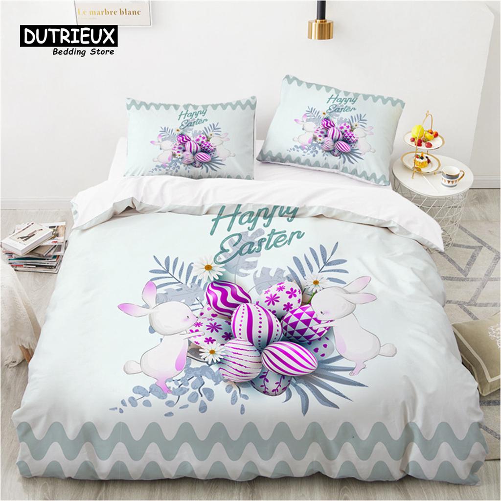 Easter Eggs Bedding Set King Queen Size Cartoon Rabbit Duvet Cover With Pillowcase For Kids Adults As Greetings And Presents