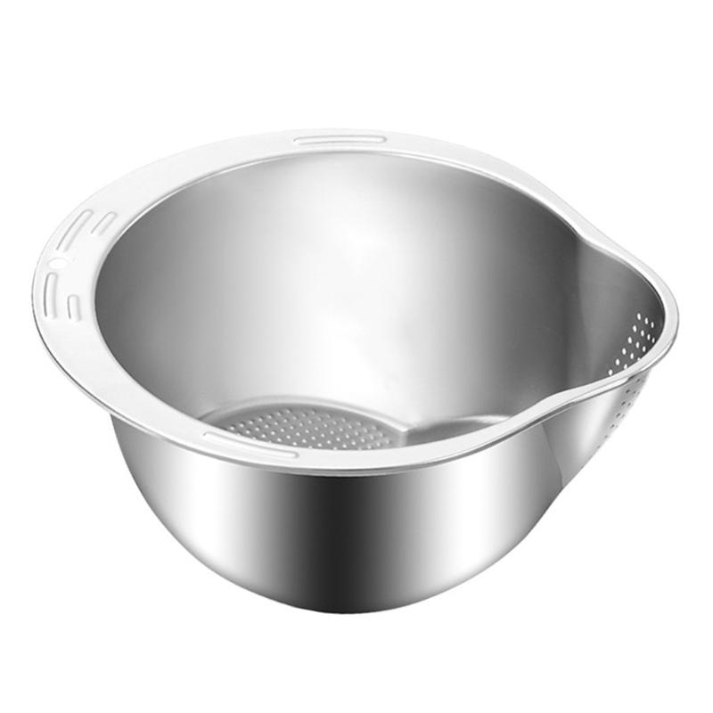 Steel Rice Washer Bowl with Side Drain Holes And Integrated Grater Small Colander for Cleaning Vegetable Bean Kitchen