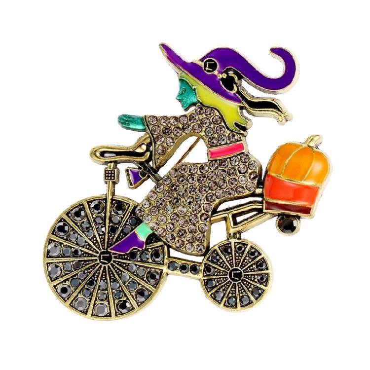 

Fantasy Witch Cycling With Pumpkin Brooch Stylish Alloy Jewelry For Women Autumn Accessories