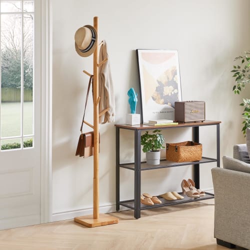 YMYNY Wooden Rubberwood Pole Hanger with Stable Square Base, Three Height Adjustments, 8 Hooks, Easy Assembly, Compact Design for Hats, Bags, and Clot