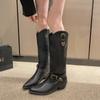 Vintage Women Knee High Boots Fashion Pointed Toe Belt Buckle Cowboy Boots Autumn Winter Ladies Chunky Heel Knight Long Booties