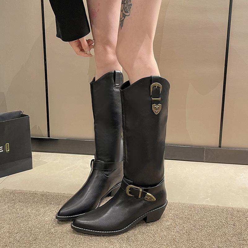 Vintage Women Knee High Boots Fashion Pointed Toe Belt Buckle Cowboy Boots Autumn Winter Ladies Chunky Heel Knight Long Booties