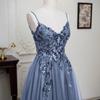 Gray Blue Suspender Evening Dress 1011 New Ball Party Dress French Lace Applique Puffy Gauze Skirt