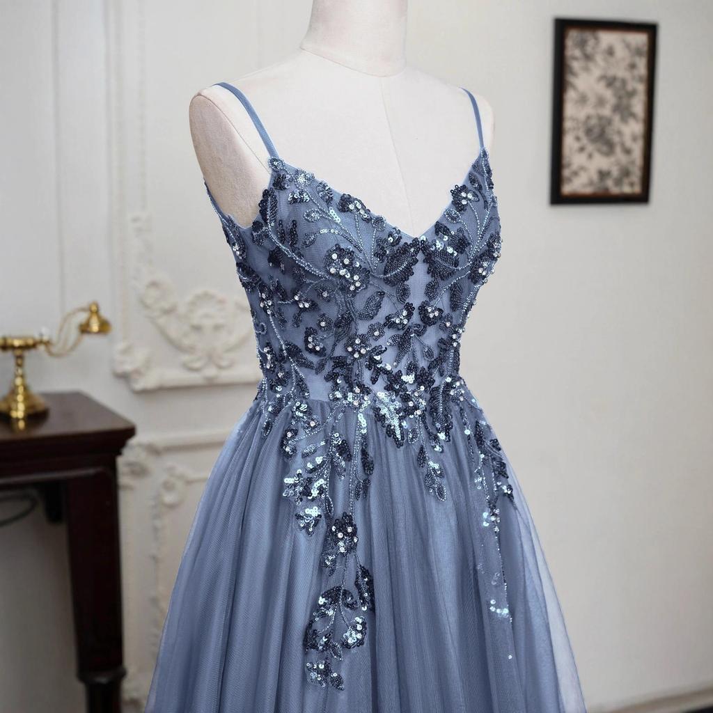 Gray Blue Suspender Evening Dress 1011 New Ball Party Dress French Lace Applique Puffy Gauze Skirt