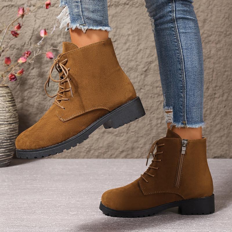 Mode Retro Western Dam Faux Mocka Låg Klackar Ankelstövlar Tjock Sula Vattentät Kvinna Höjdskor Höst Vinter Varma Snöstövlar