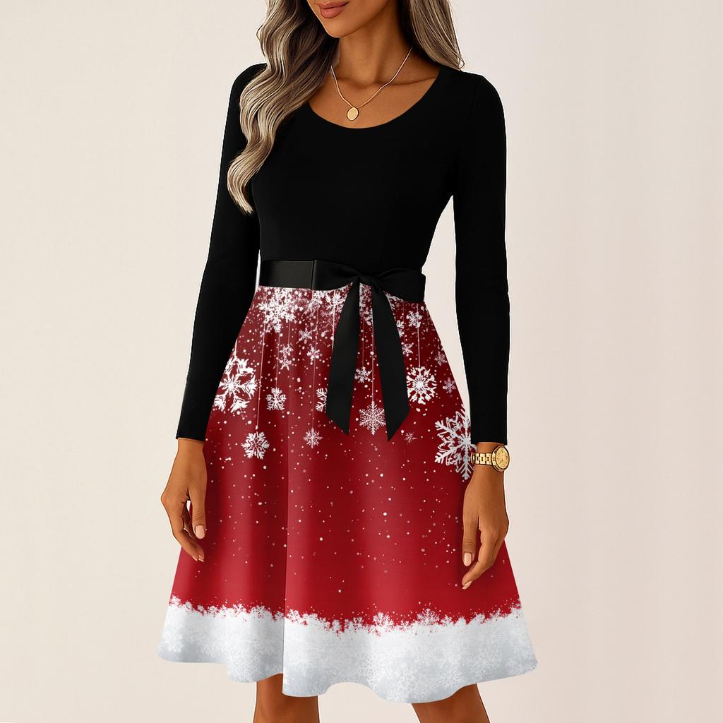 Women's Casual Fashion Long Sleeve Christmas Graphic Printed Vintage Long Dresses
