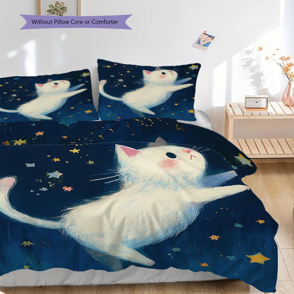 White Cat Pattern Bedding Quilt Set Quilt Cover Pillowcase Home Decoration Birthday Gift (1 * Duvet Cover + 2 * Pillowcase, Without Core)