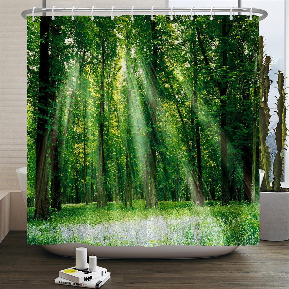 Natural Scenery Shower Curtain Set Forest Waterfall Spring Landscape Home Bathtub Decor Waterproof Polyester Bathroom Curtains