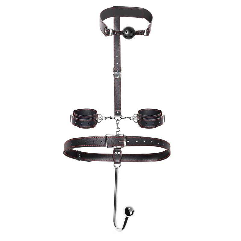 Sexual Bondage Restraint Kit BDSM Leather Thigh Sling Breast Belt Rear Handcuffs Spread Legs Slave Fetish Anal Hooks Fetish