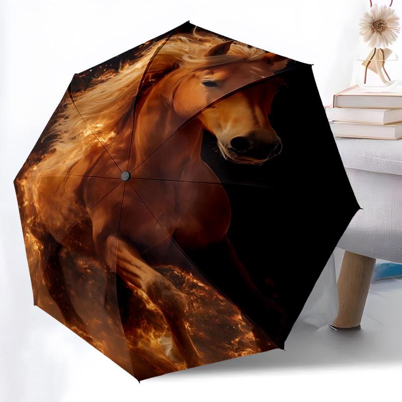 1pc Horse Fire Automatic Open/Close Umbrella 8-Rib Strong Frame, Portable Travel Umbrella for Women & Men