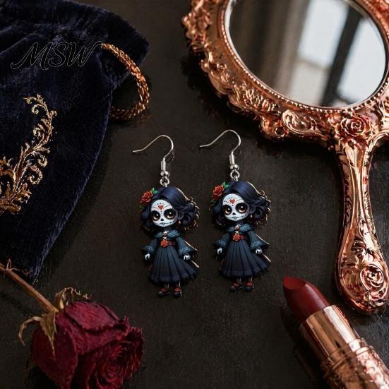 Cartoon Witch Earrings Halloween Earrings, Gothic Drop Lightweight Acrylic Pendant Eye-catching Accessories for Women Girls Day of The Dead Retro Rose