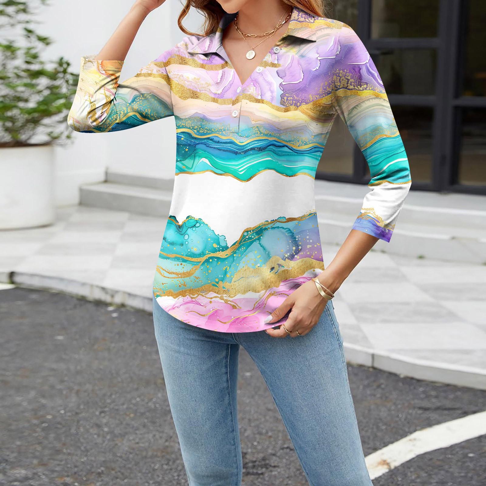 

Женская модная повседневная рубашка с лацканами и цветочным принтом на пуговицах с рукавами 3/4 XL