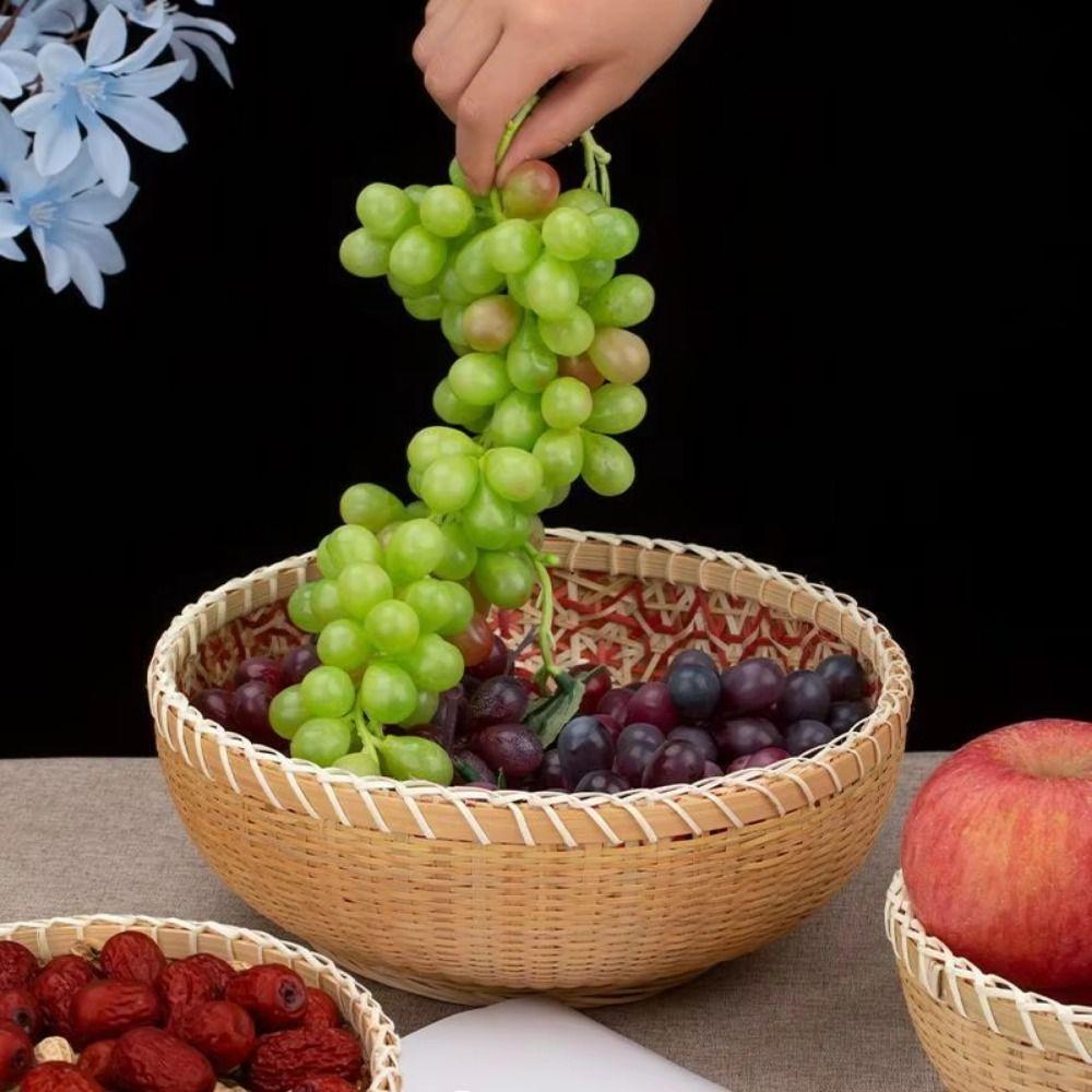 Round Bamboo Storage Basket Sturdy Fruit  Serving Tray High-quality Hand Woven Basket  Office