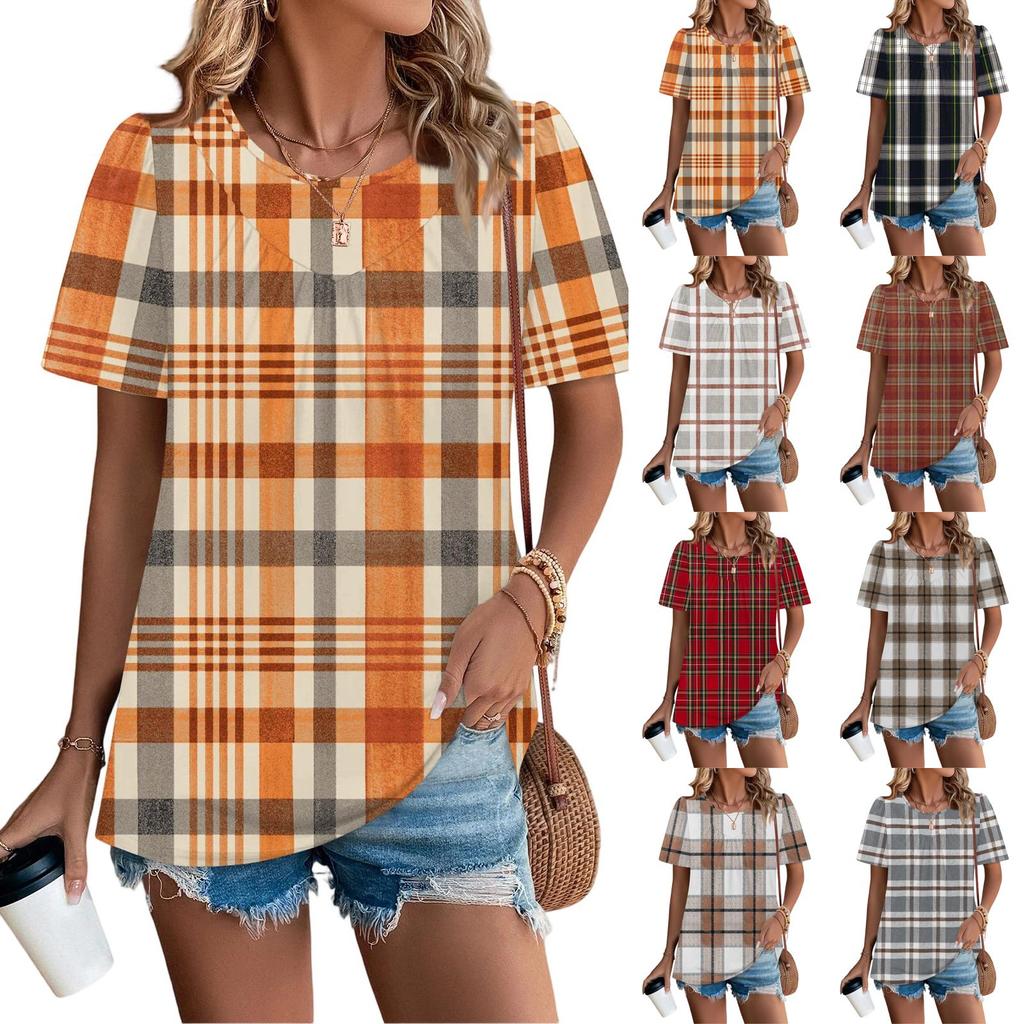 Damen Casual Mode Rundhals Kariert Bedruckt Plissiert Kurzarm T-Shirt Top