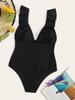 Europeisk och Amerikansk Stil Dammode Volangad Magekontrollerande Bikini Snörning i Ryggen Badkläder Djup Urringning Monokini Baddräkt En Del Rygglös Badklänning